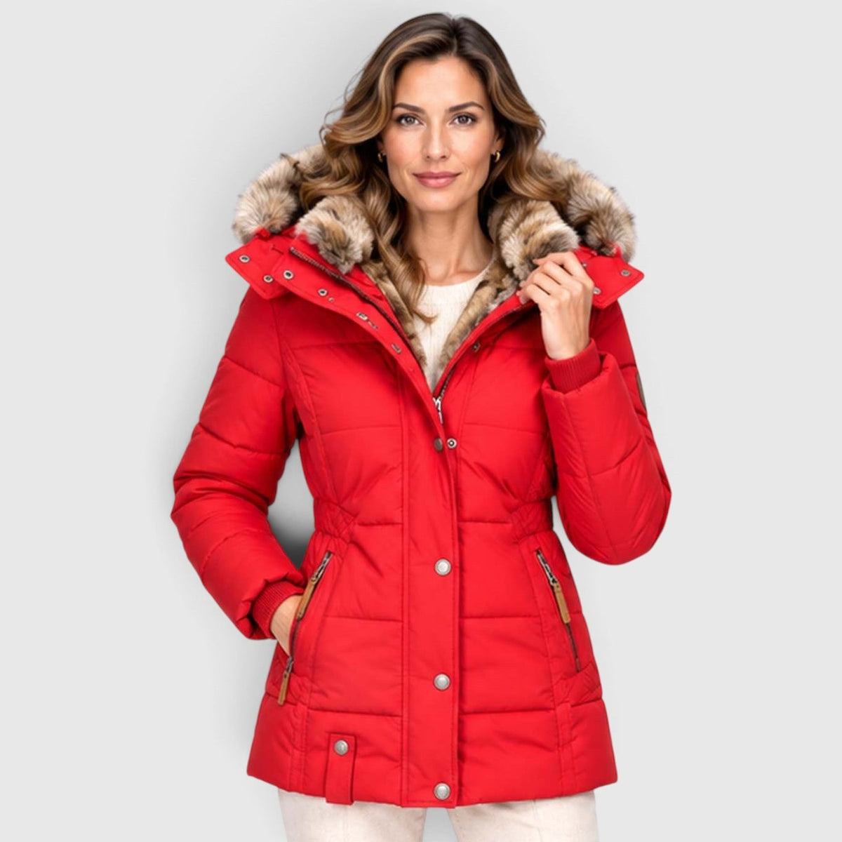 Women's Quilted Puffer Jacket With Faux Fur Hood - Image 8
