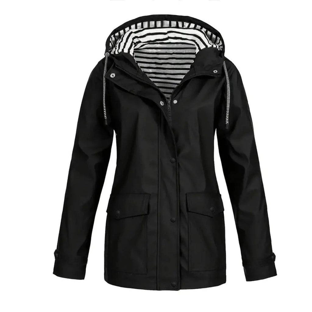 Women's Rain Jacket Relaxed Hooded Raincoat Button-Front - Image 1
