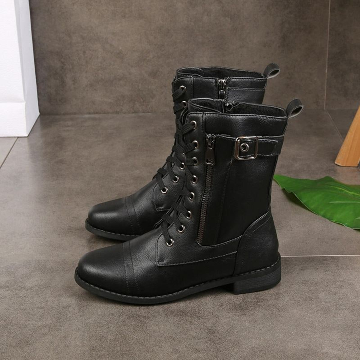 Women's Round Toe Boots with Side Zipper High-Top and Lace-Up - Image 4