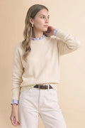 Women's Ruffle Sweater With Striped Collar And Cuffed Sleeves - Image 1