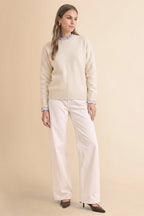 Women's Ruffle Sweater With Striped Collar And Cuffed Sleeves - Image 2