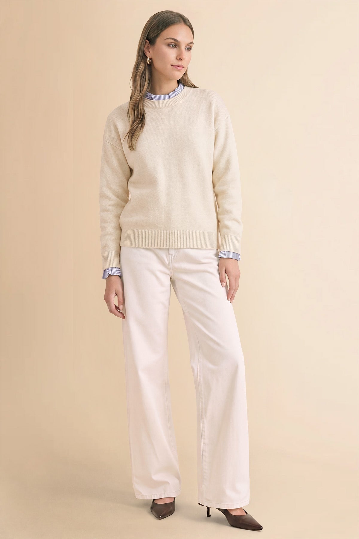 Women's Ruffle Sweater With Striped Collar And Cuffed Sleeves - Image 2