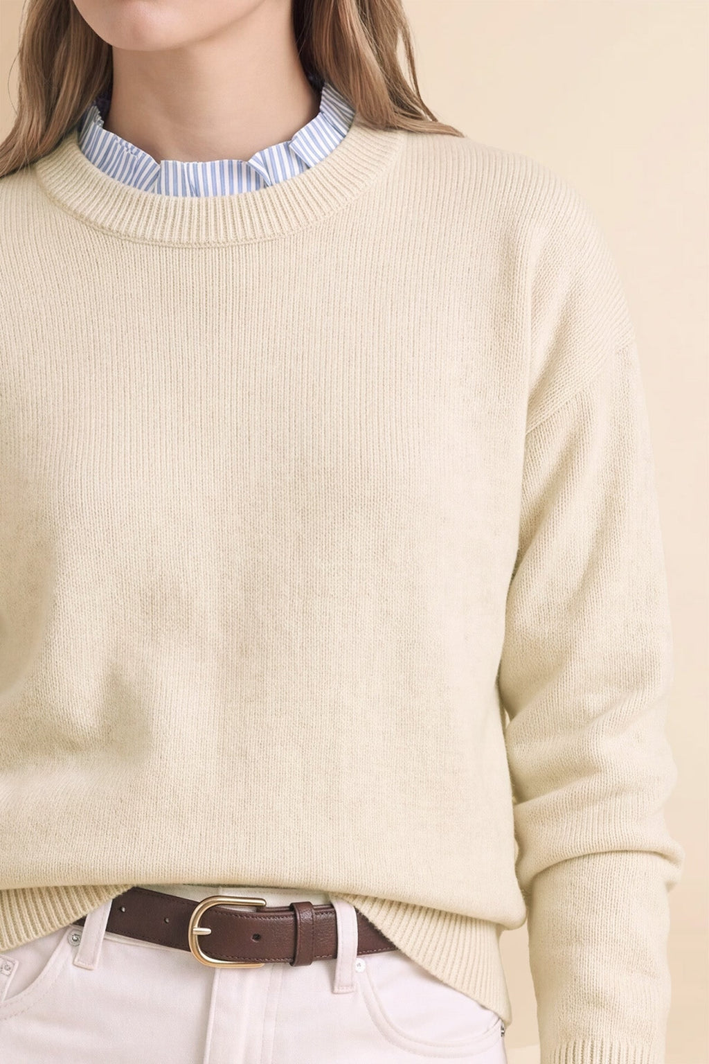 Women's Ruffle Sweater With Striped Collar And Cuffed Sleeves - Image 4