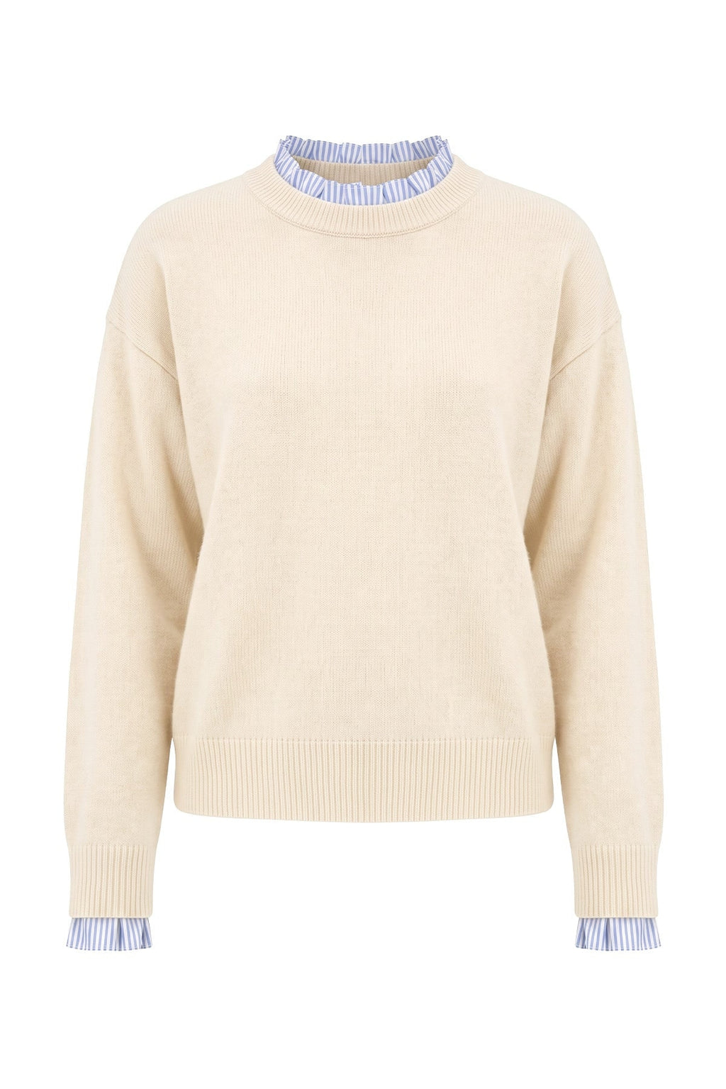 Women's Ruffle Sweater With Striped Collar And Cuffed Sleeves - Image 5