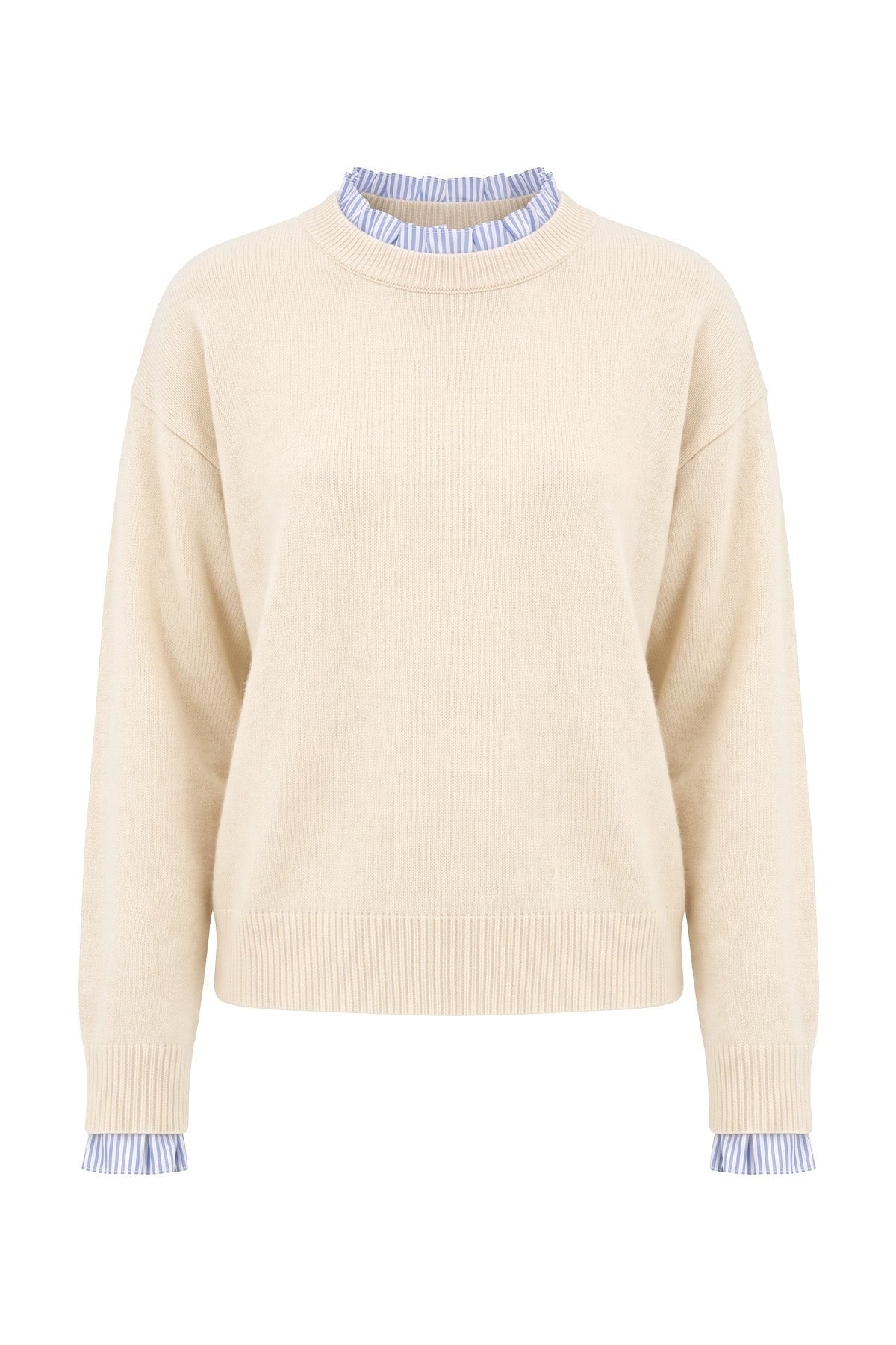 Women's Ruffle Sweater With Striped Collar And Cuffed Sleeves - Image 5