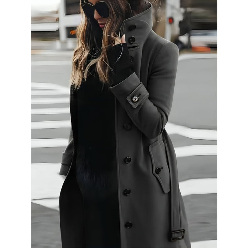 Women's Trench Coat Belted Stand-Collar Long - Image 1