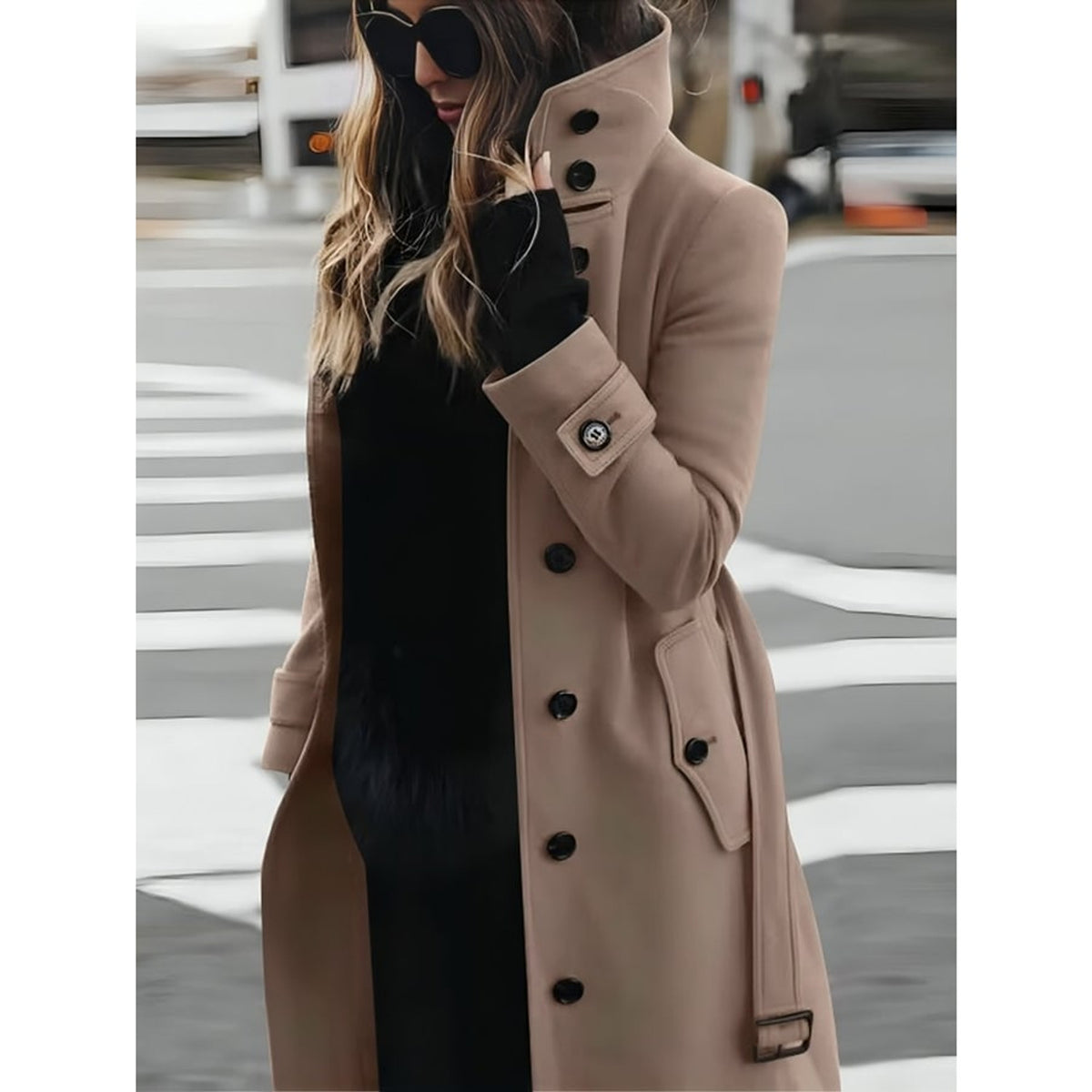 Women's Trench Coat Belted Stand-Collar Long - Image 2