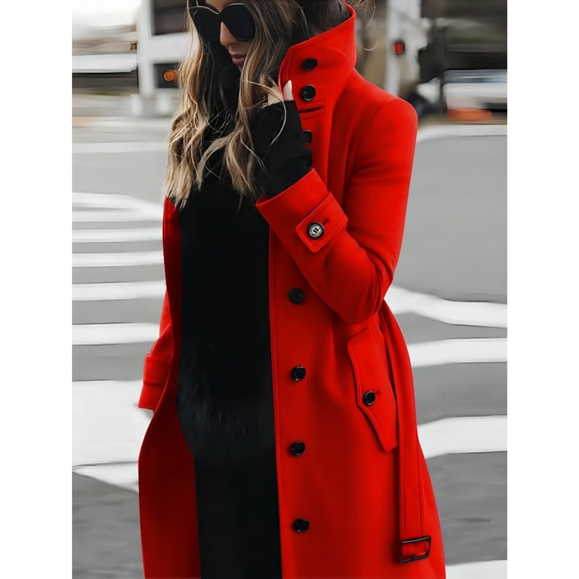 Women's Trench Coat Belted Stand-Collar Long - Image 3
