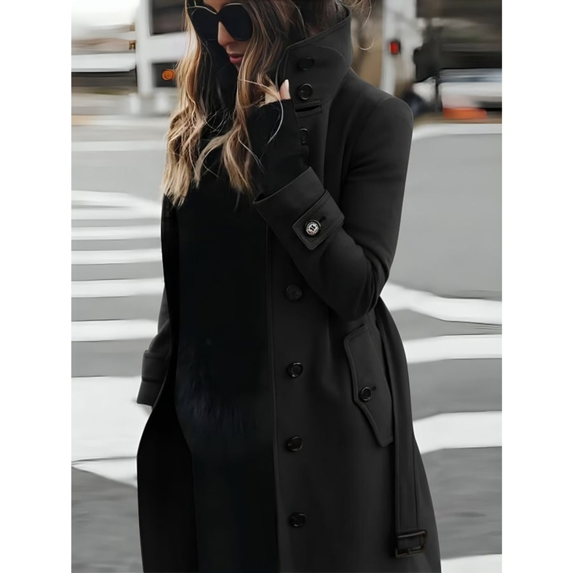 Women's Trench Coat Belted Stand-Collar Long - Image 4