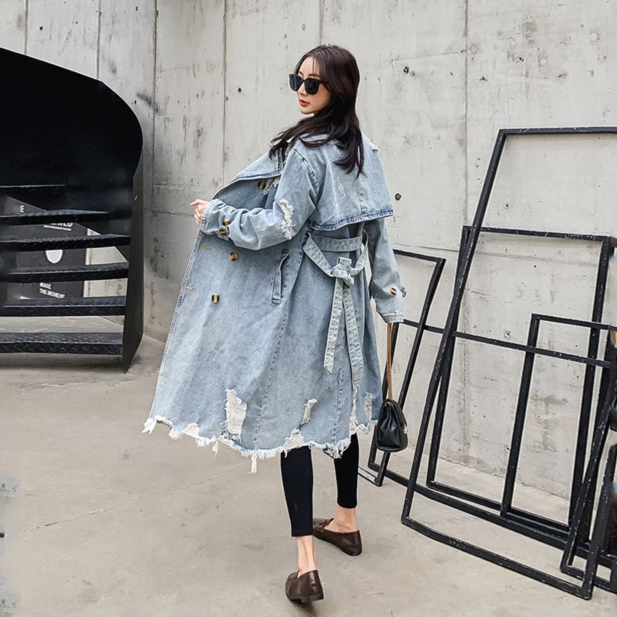 Women's Trench Coat Distressed Double-Breasted With Belt - Image 3
