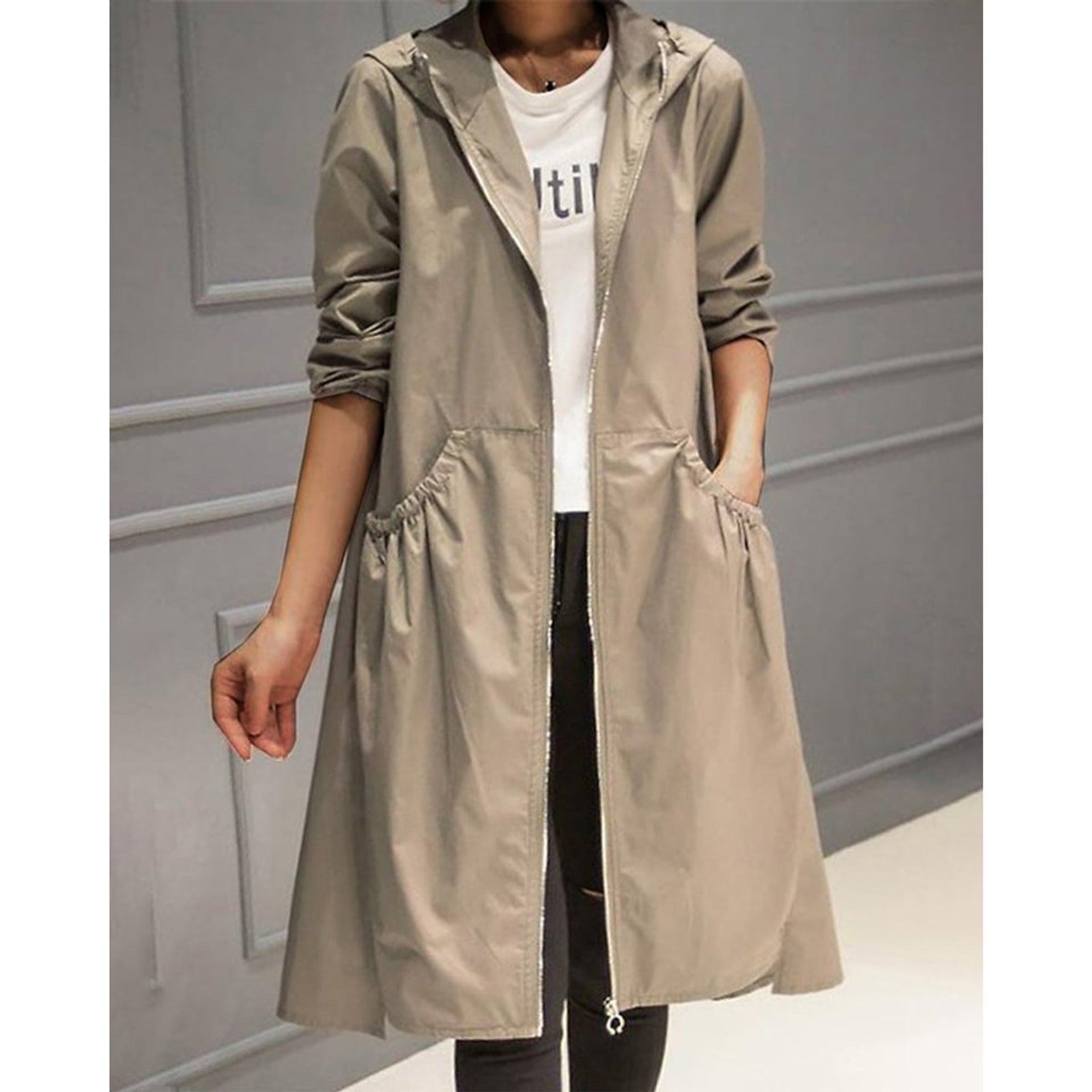 Women's Trench Coat Hooded With Zipper Pockets - Image 1