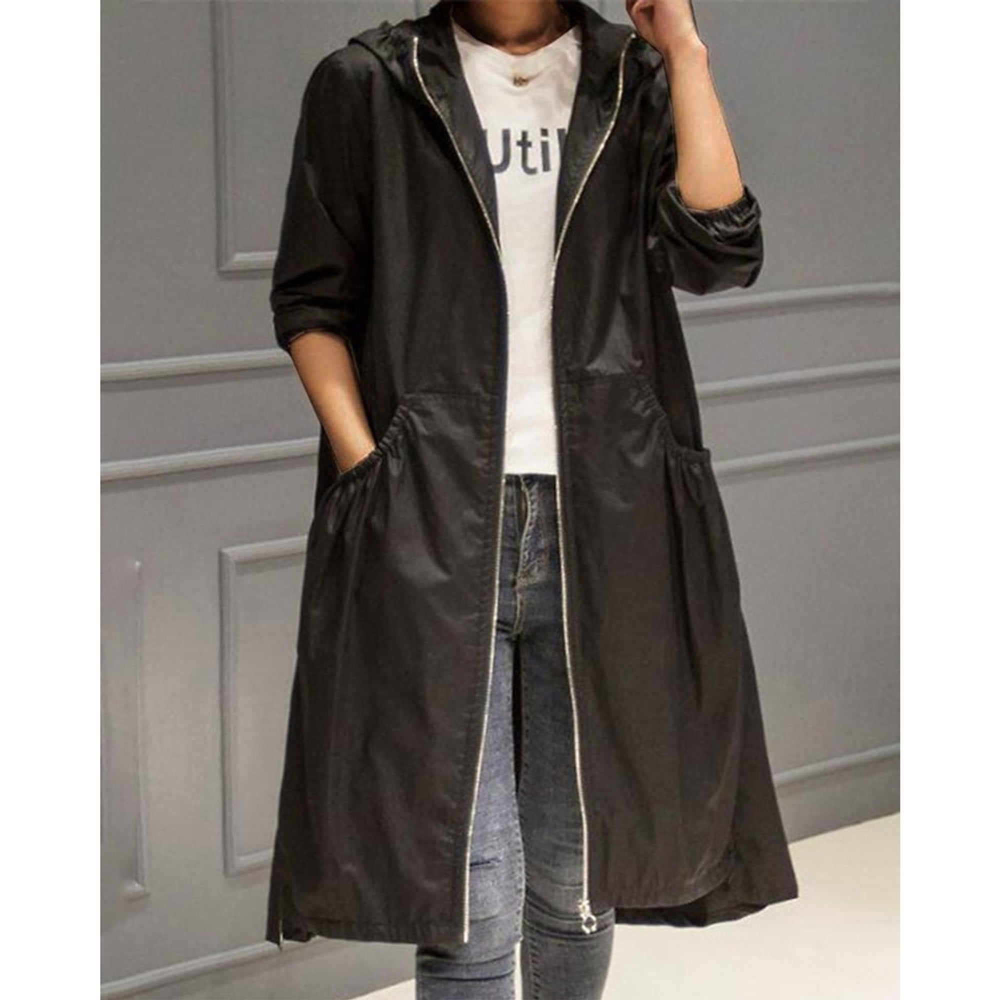 Women's Trench Coat Hooded With Zipper Pockets - Image 4