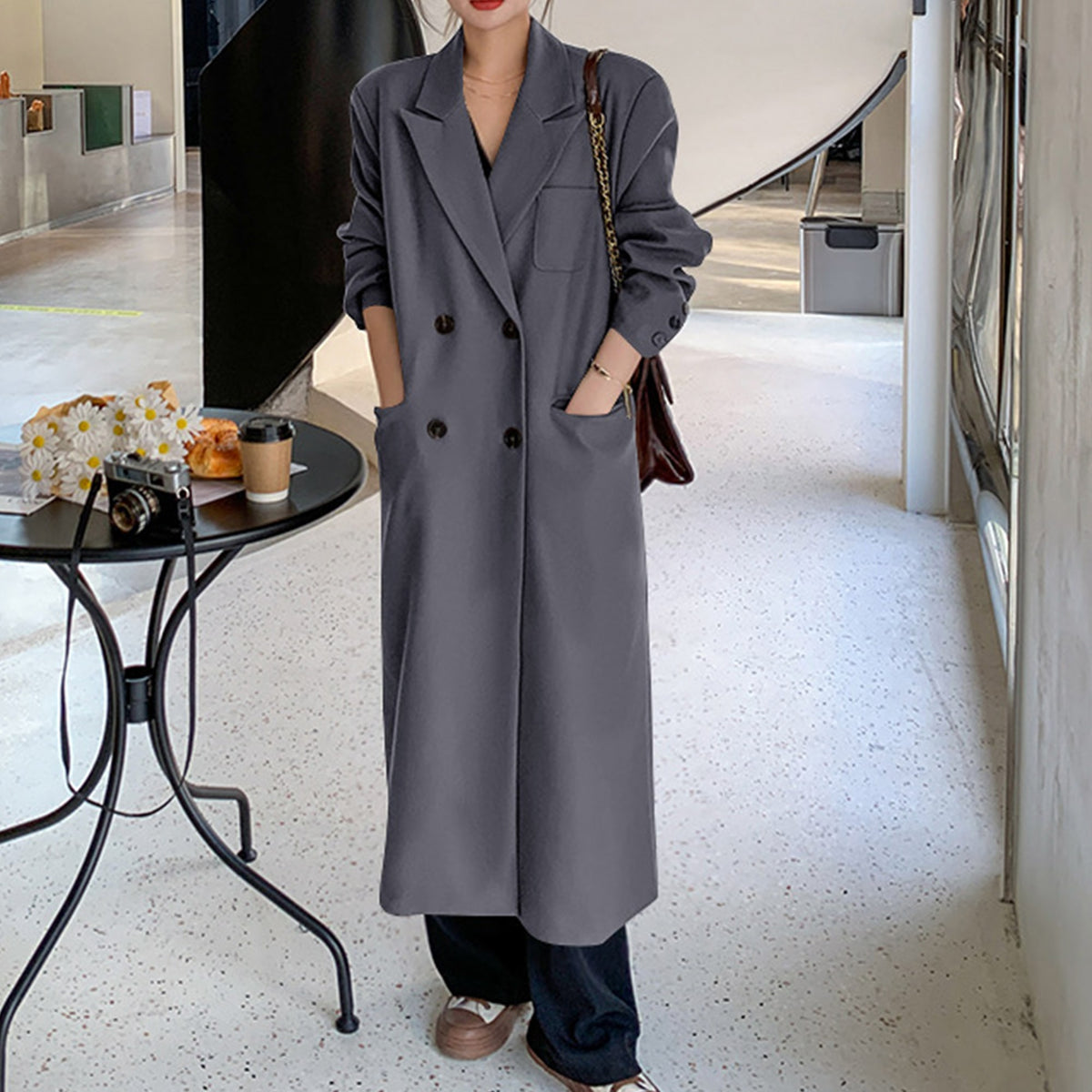 Women's Trench Coat Long Double Breasted Longline - Image 2