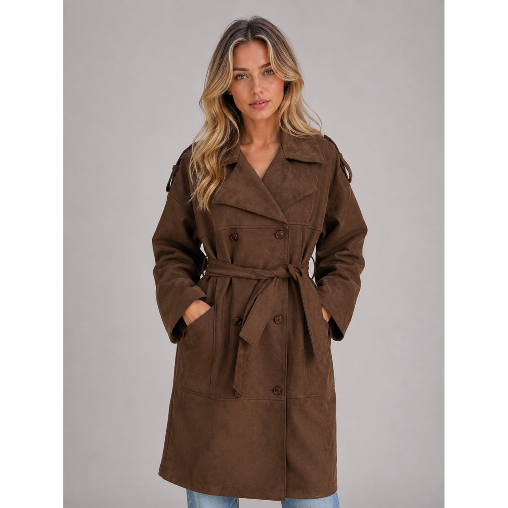 Women's Trench Coat Long Double-Breasted With Belt - Image 1