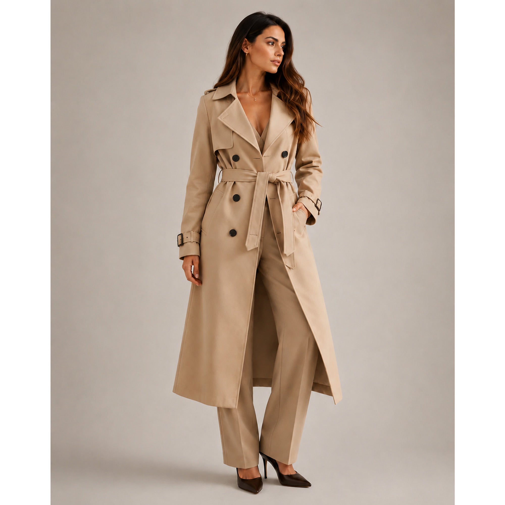 Women's Trench Coat Long Double-Breasted With Belt - Image 1