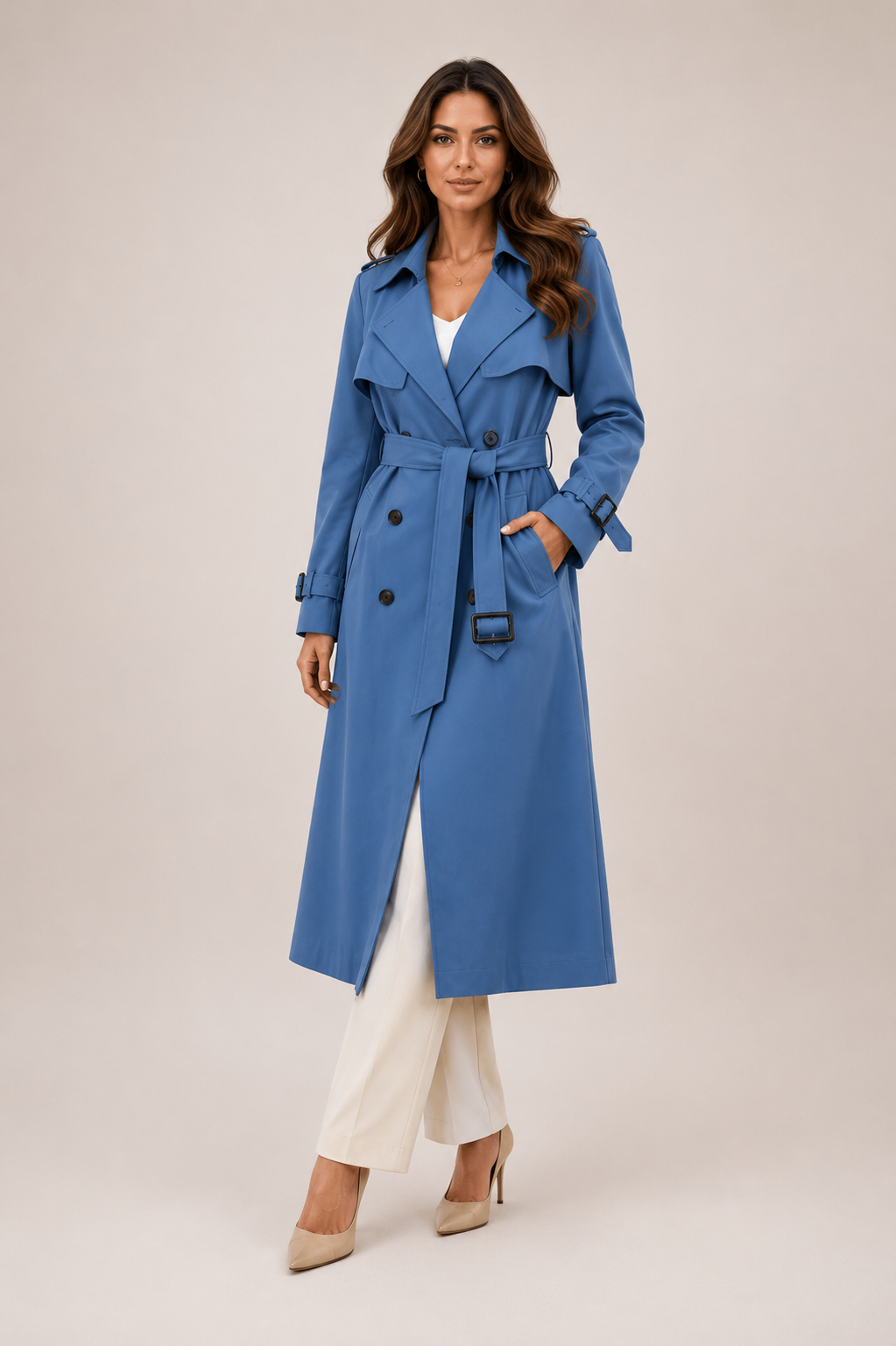 Women's Trench Coat Long Double-Breasted With Belt - Image 2
