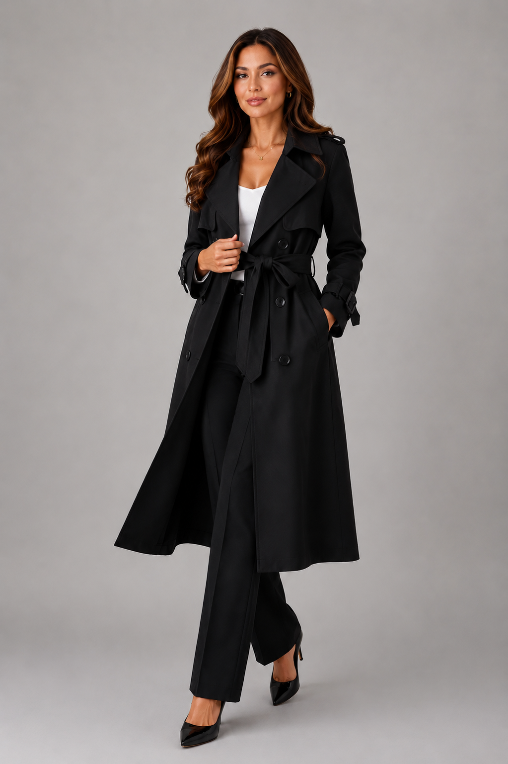Women's Trench Coat Long Double-Breasted With Belt - Image 3