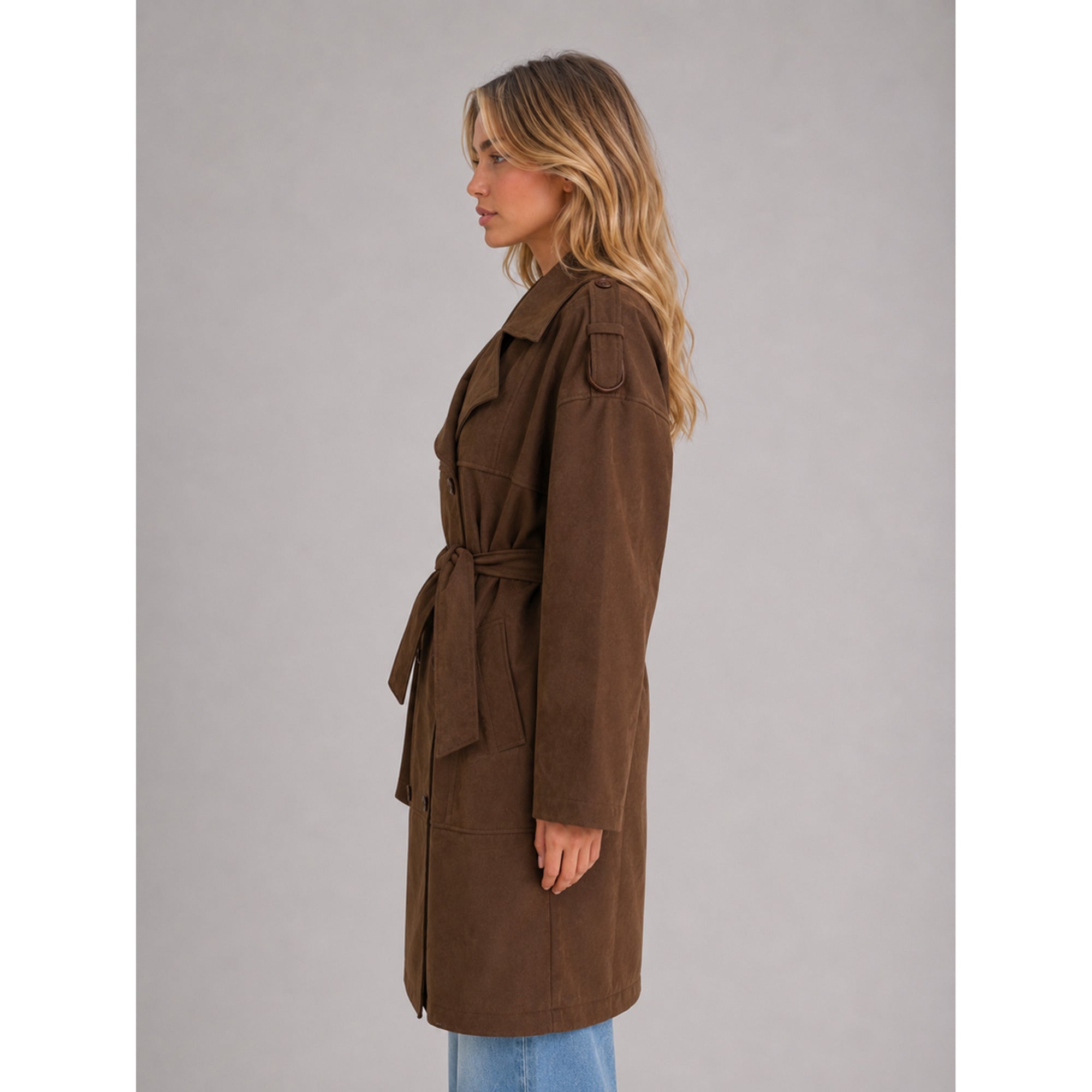 Women's Trench Coat Long Double-Breasted With Belt - Image 3