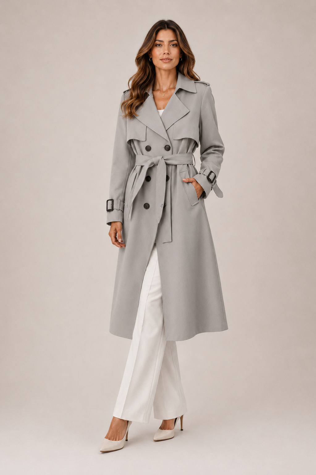Women's Trench Coat Long Double-Breasted With Belt - Image 4