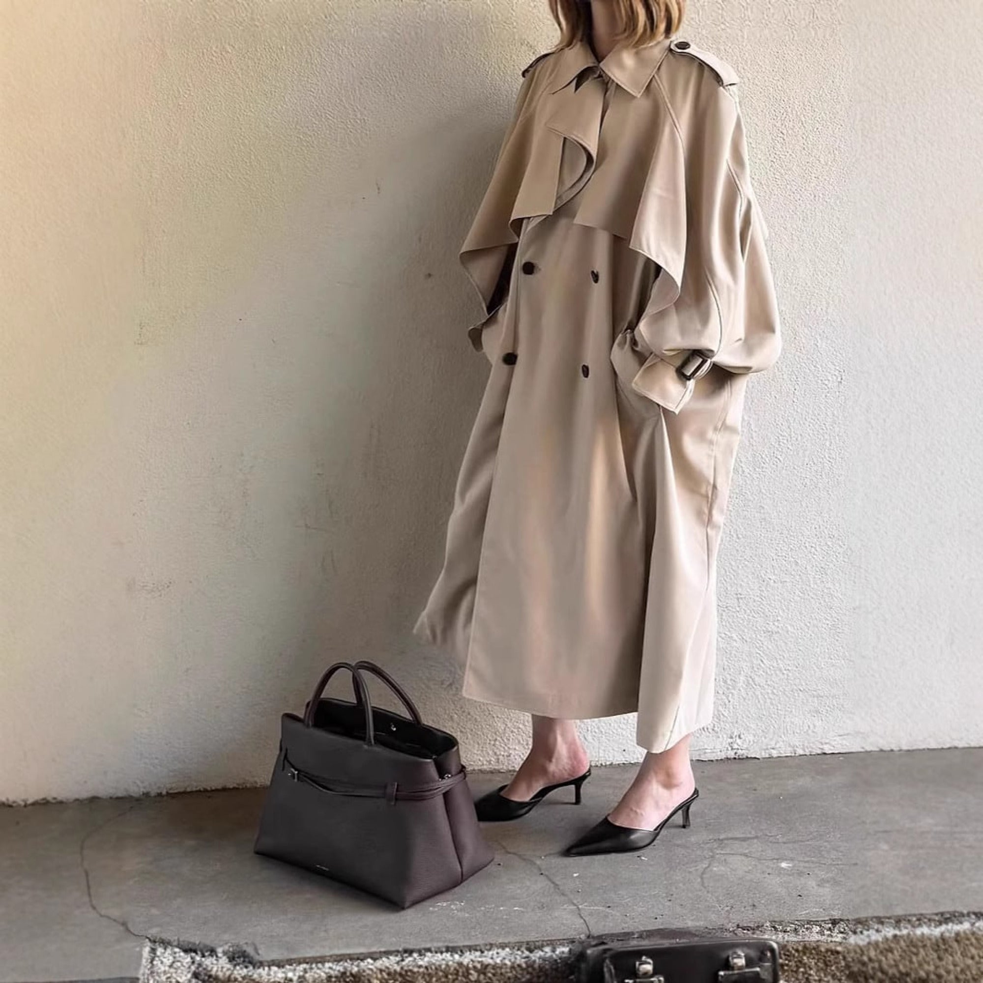 Women's Trench Coat Long Double-Breasted With Belt - Image 6