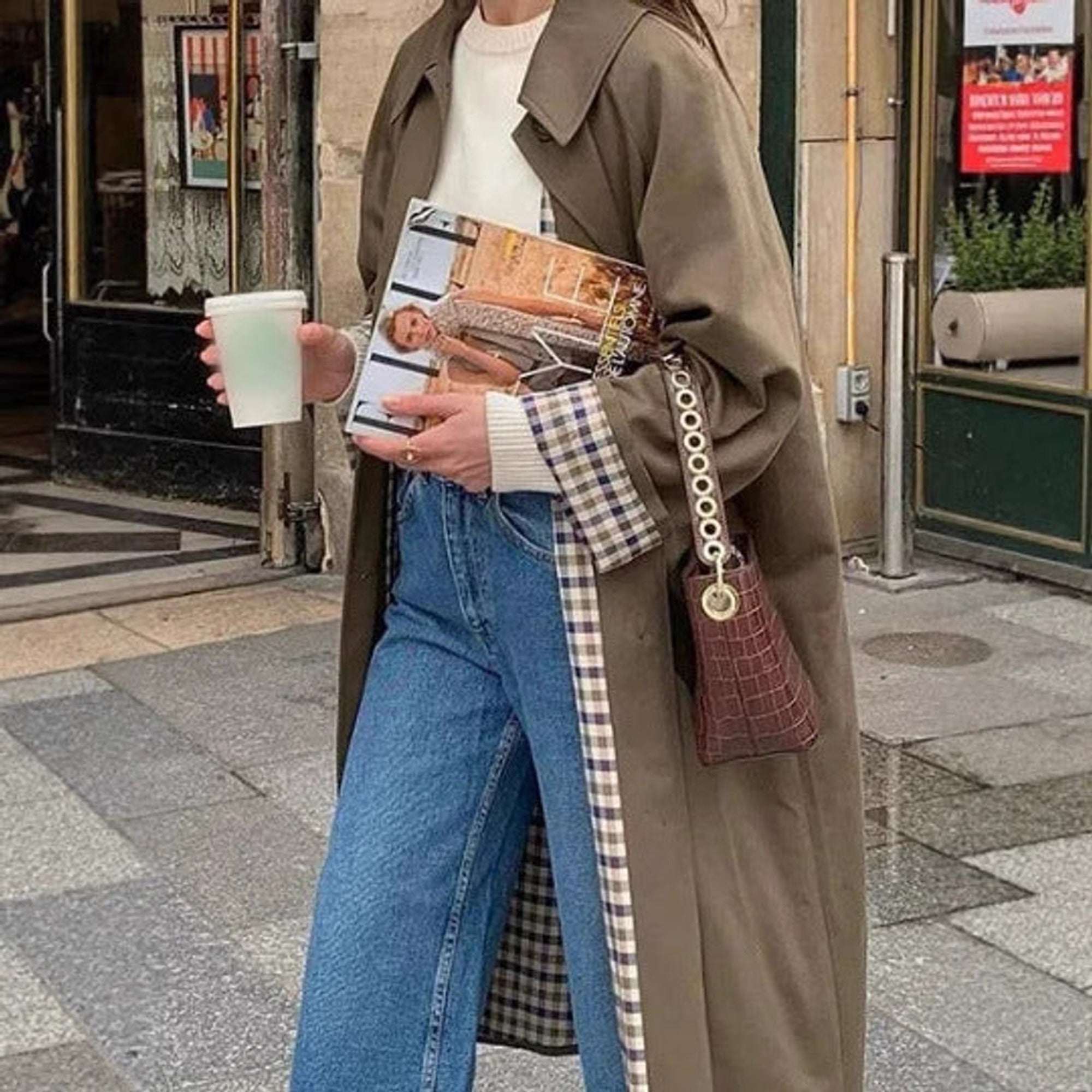 Women's Trench Coat Long Single-breasted Plaid Lined - Image 1