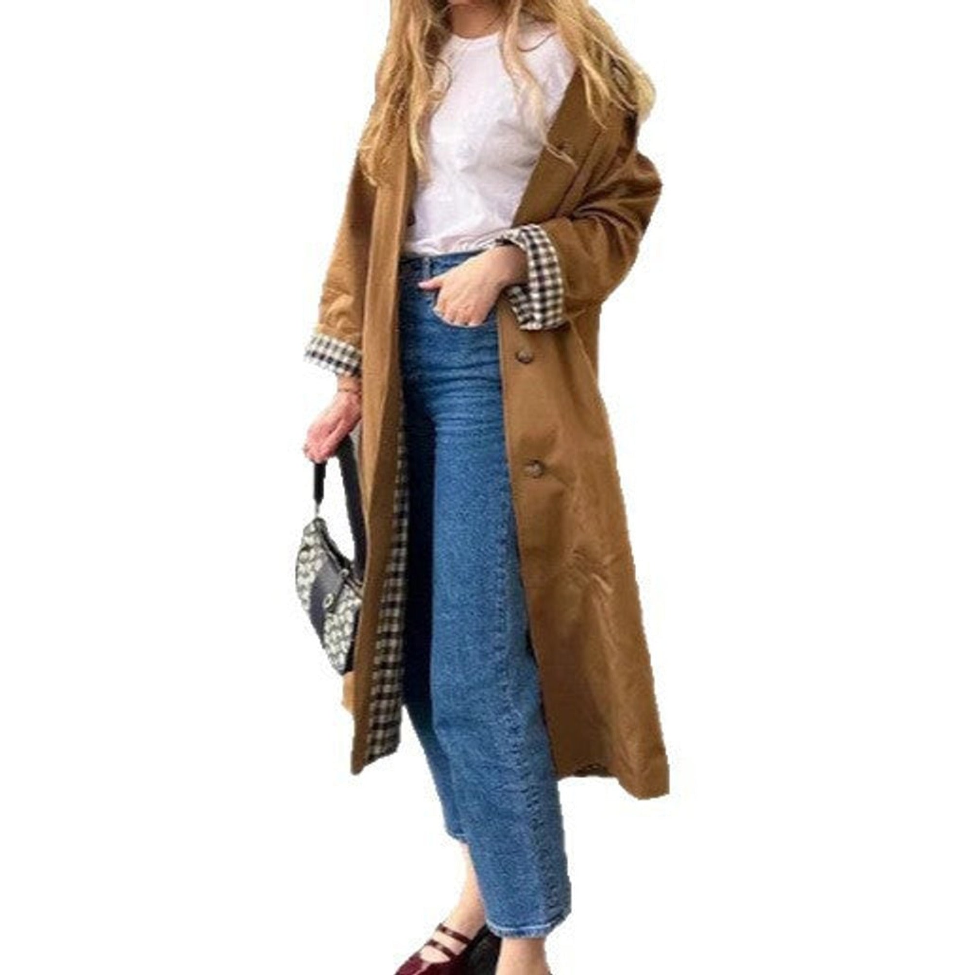 Women's Trench Coat Long Single-breasted Plaid Lined - Image 5