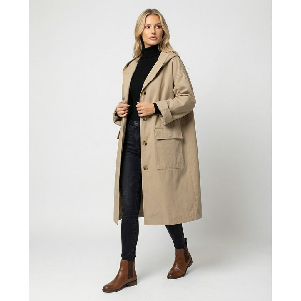 Women's Trench Coat Longline Hooded Button-Front - Image 1