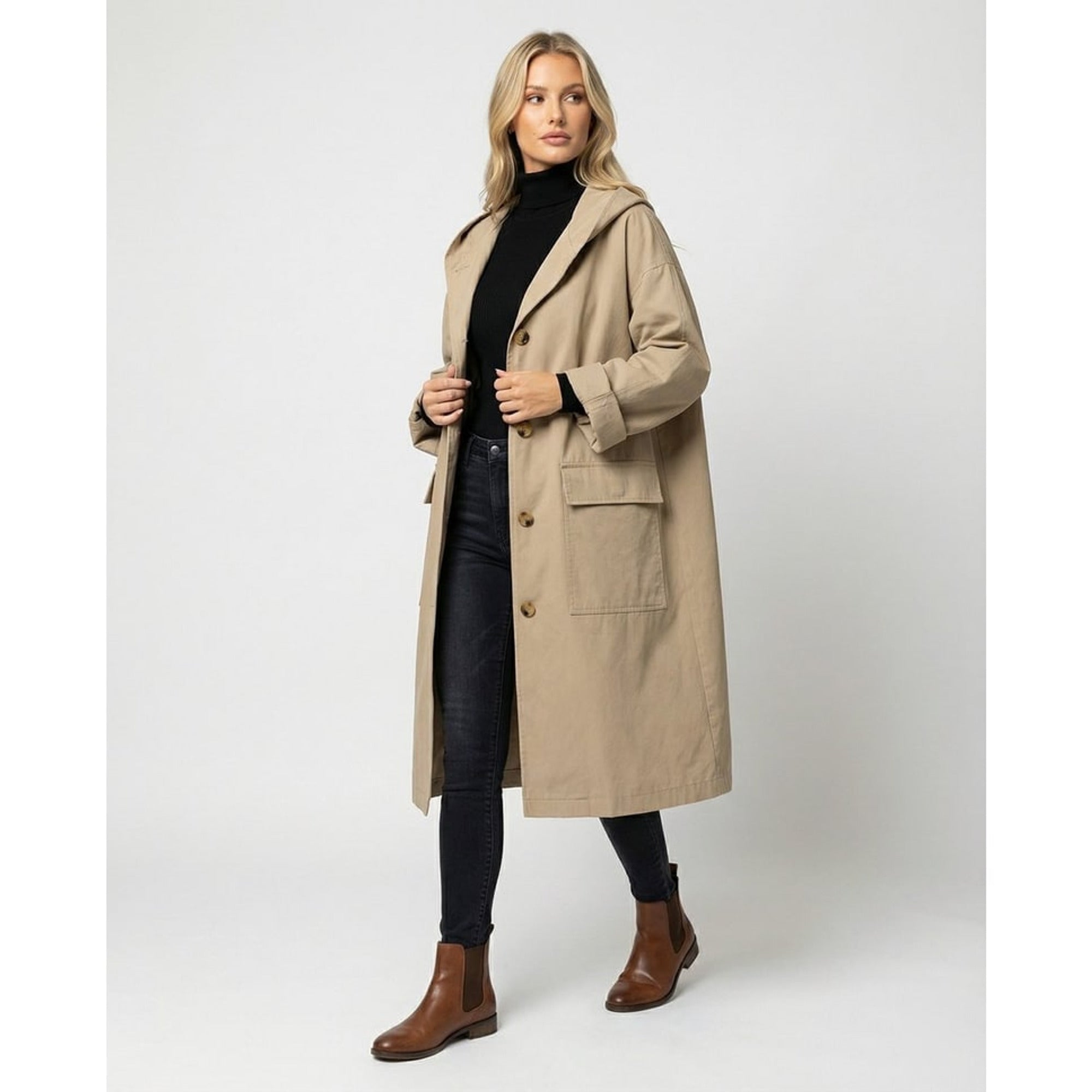 Women's Trench Coat Longline Hooded Button-Front - Image 1