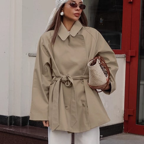 Women's Trench Coat Short Double-Breasted Khaki - Image 1