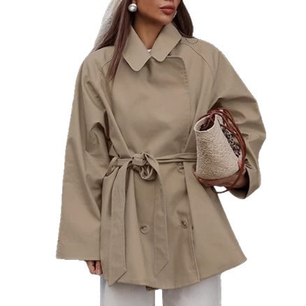 Women's Trench Coat Short Double-Breasted Khaki - Image 3