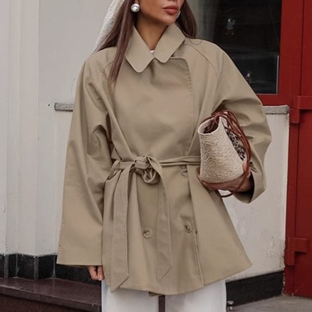 Women's Trench Coat Short Double-Breasted Khaki - Image 5