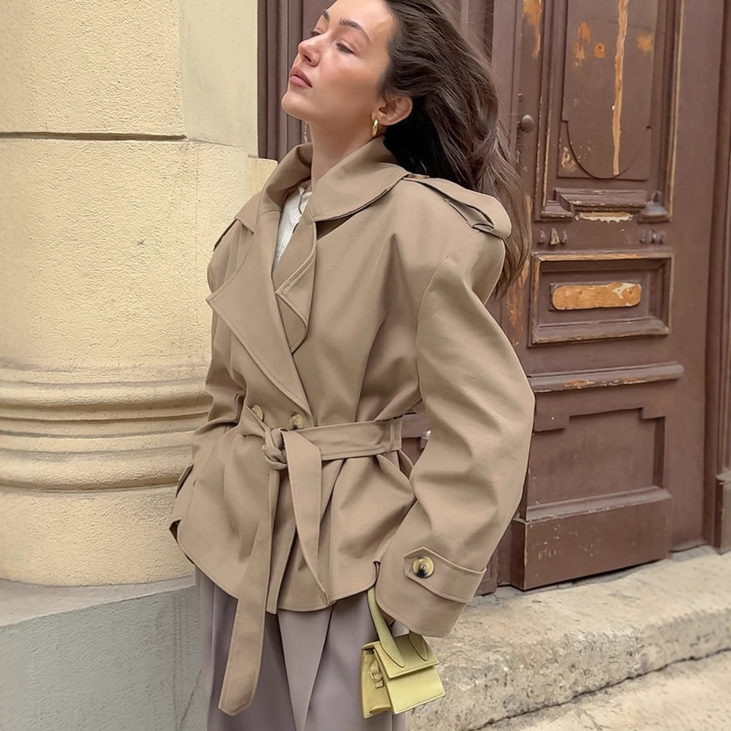 Women's Trench Coat Short Double-Breasted Tie Waist - Image 2