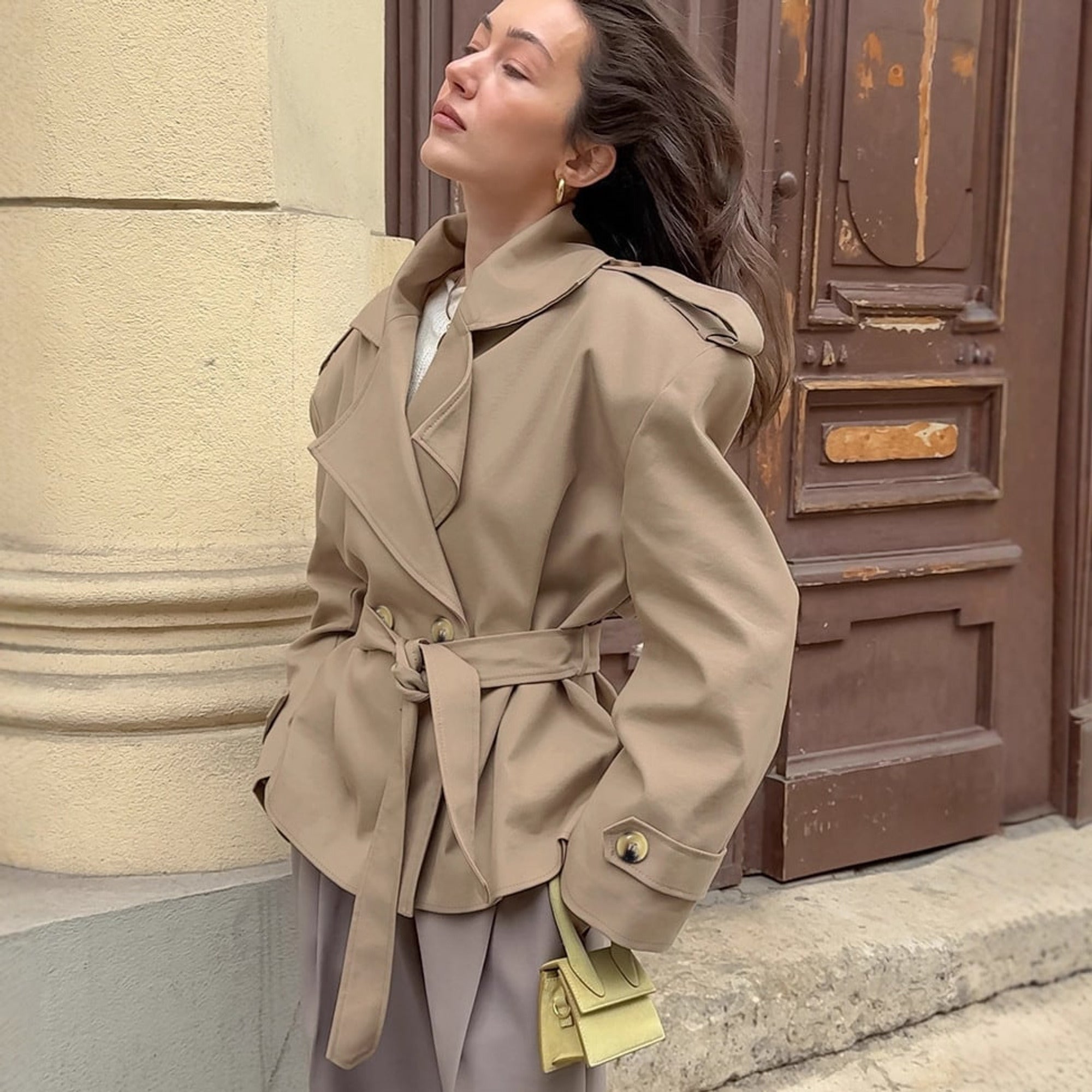 Women's Trench Coat Short Double-Breasted Tie Waist - Image 2