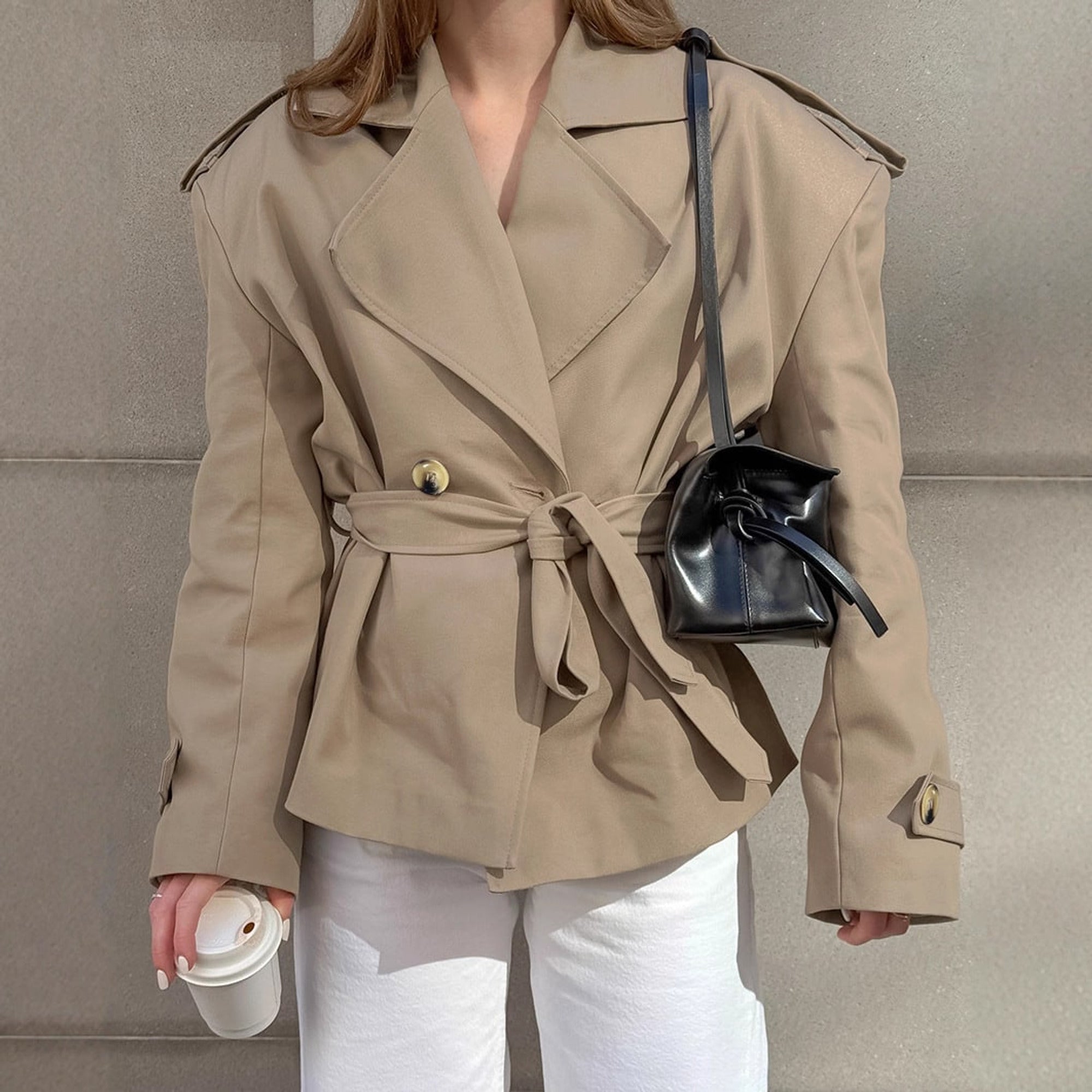 Women's Trench Coat Short Double-Breasted Tie Waist - Image 5