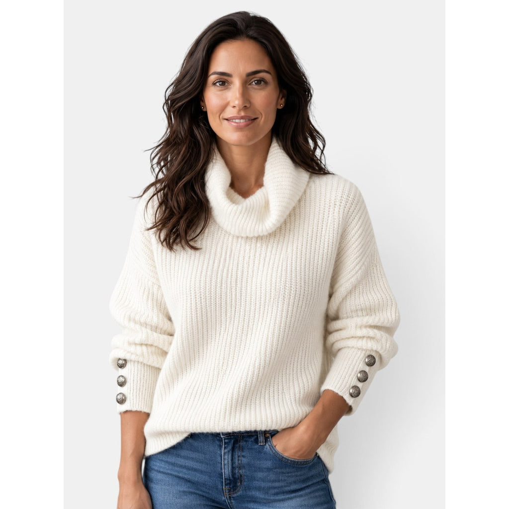 Women's Turtleneck Sweater with Relaxed Loose Fit and Button-Front - Image 1