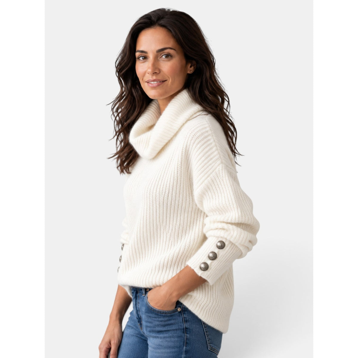 Women's Turtleneck Sweater with Relaxed Loose Fit and Button-Front - Image 2