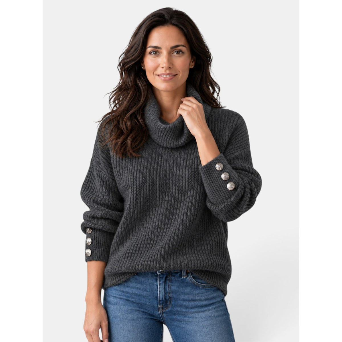 Women's Turtleneck Sweater with Relaxed Loose Fit and Button-Front - Image 4