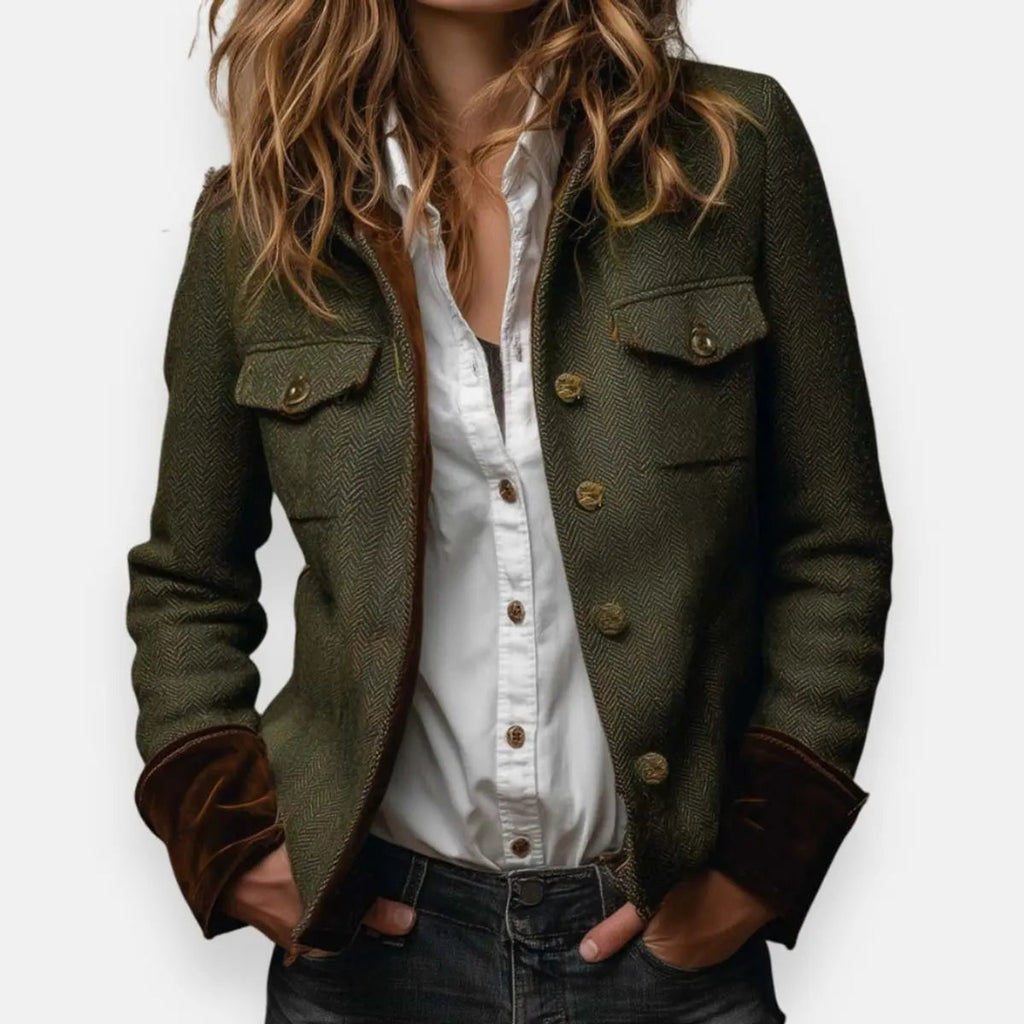 Women's Tweed Jacket with Structured Utility Fit and Gold Buttons - Image 1