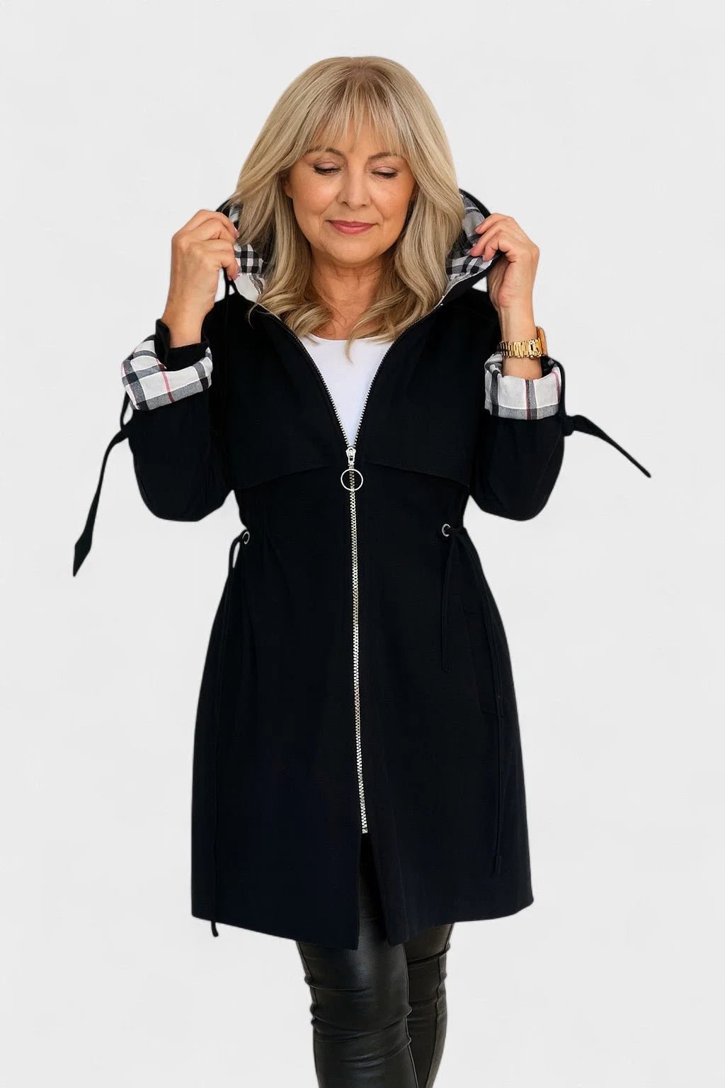 Women's Weatherproof Jacket with Adjustable Hooded Design and Plaid Lining - Image 1