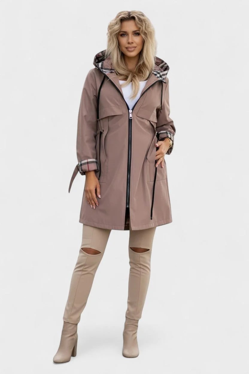 Women's Weatherproof Jacket with Adjustable Hooded Design and Plaid Lining - Image 2