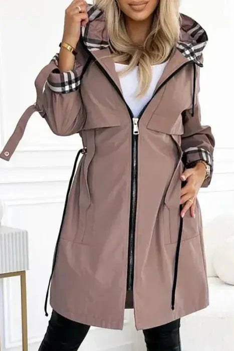 Women's Weatherproof Jacket with Adjustable Hooded Design and Plaid Lining - Image 3