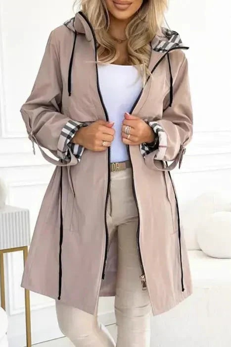 Women's Weatherproof Jacket with Adjustable Hooded Design and Plaid Lining - Image 4