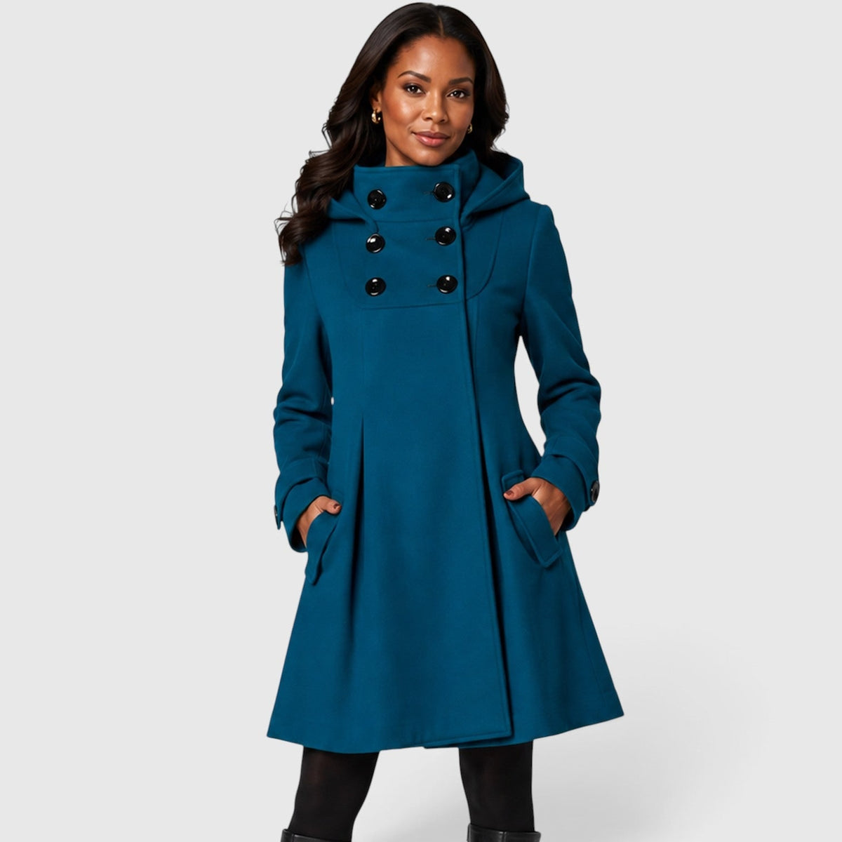 Women's Winter Coat with Double-Breasted A-Line Silhouette and Hooded-High Neck - Image 1
