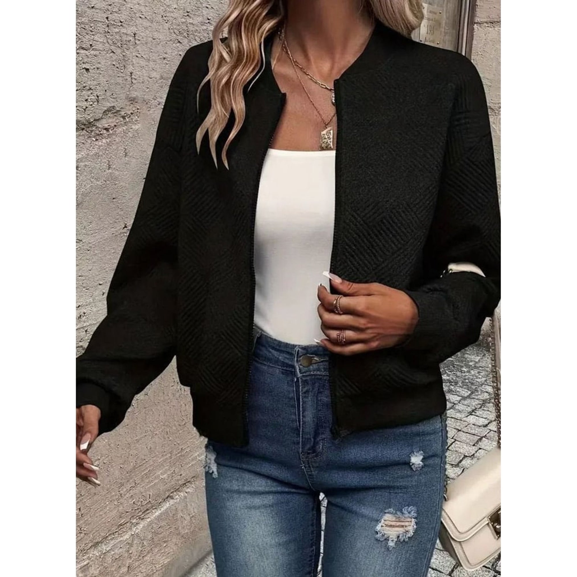 Women's Zip Up Cardigan with Streamlined Bomber Jacket and Ribbed Cuffs - Image 5
