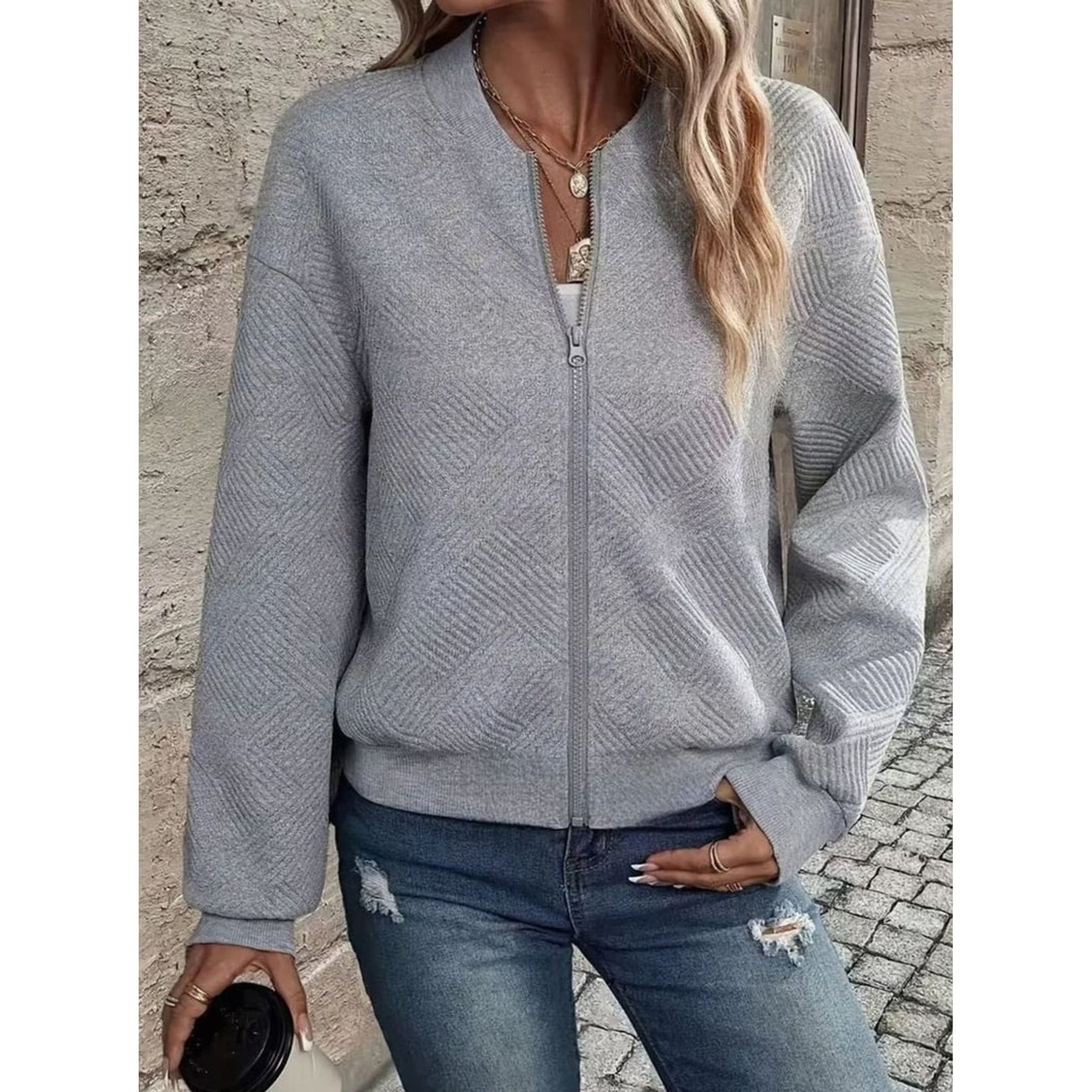 Women's Zip Up Cardigan with Streamlined Bomber Jacket and Ribbed Cuffs - Image 9