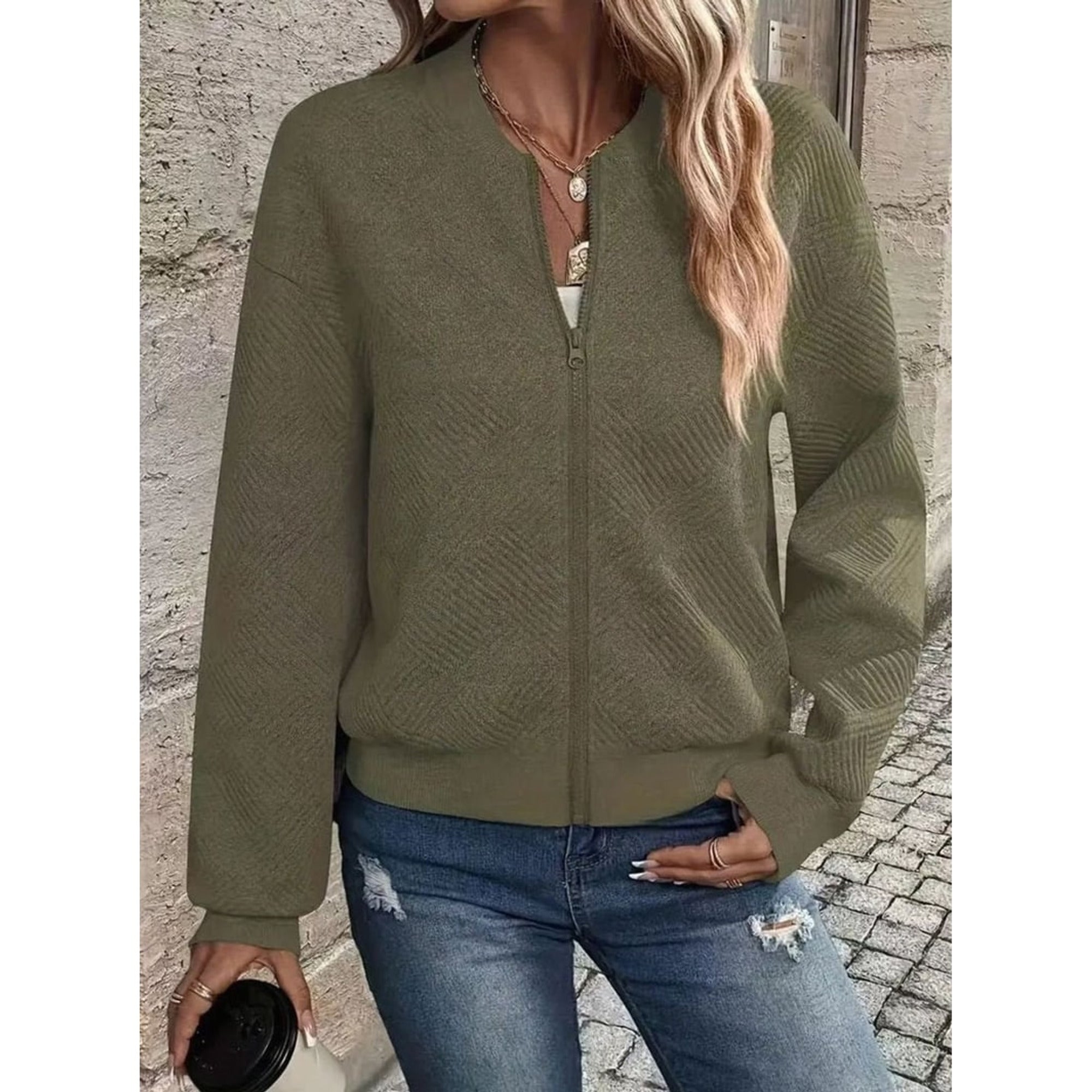 Women's Zip Up Cardigan with Streamlined Bomber Jacket and Ribbed Cuffs - Image 14
