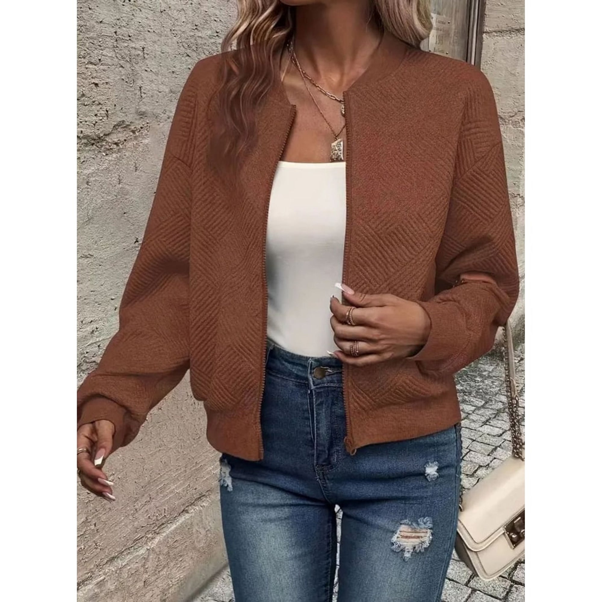 Women's Zip Up Cardigan with Streamlined Bomber Jacket and Ribbed Cuffs - Image 12