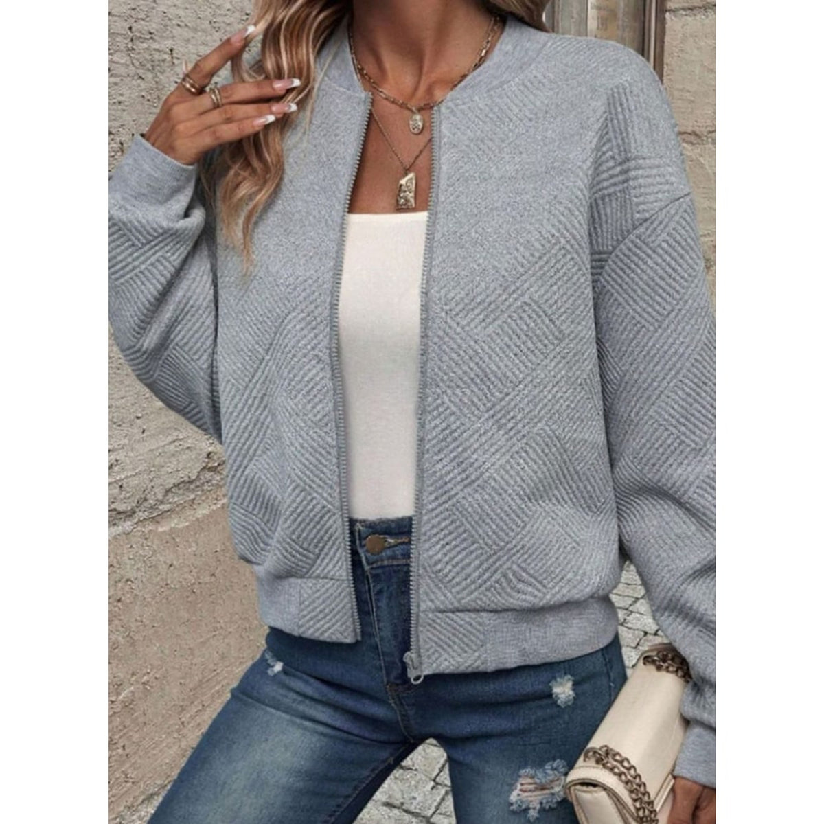Women's Zip Up Cardigan with Streamlined Bomber Jacket and Ribbed Cuffs - Image 10