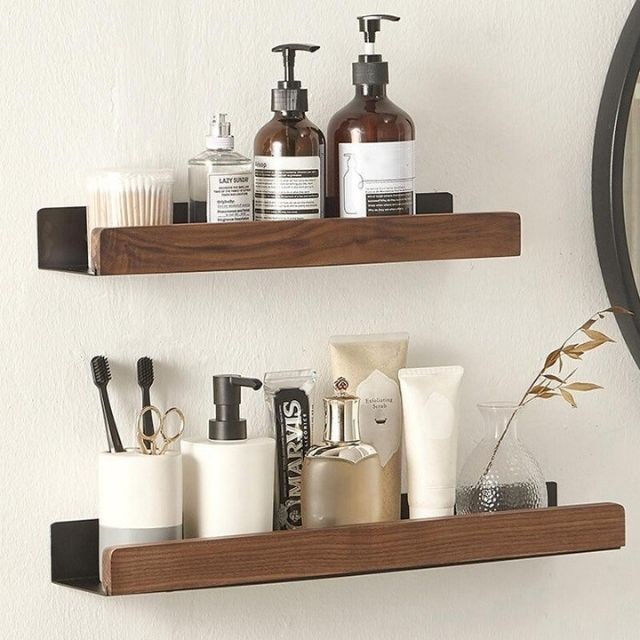 Wood Bathroom Wall Shelf With Self-Adhesive Mounting No Drilling Required - Image 3