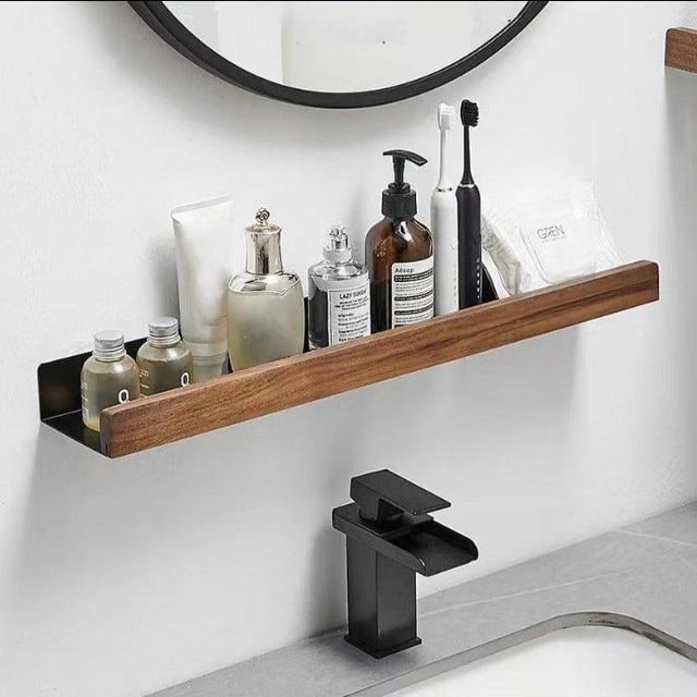 Wood Bathroom Wall Shelf With Self-Adhesive Mounting No Drilling Required - Image 5